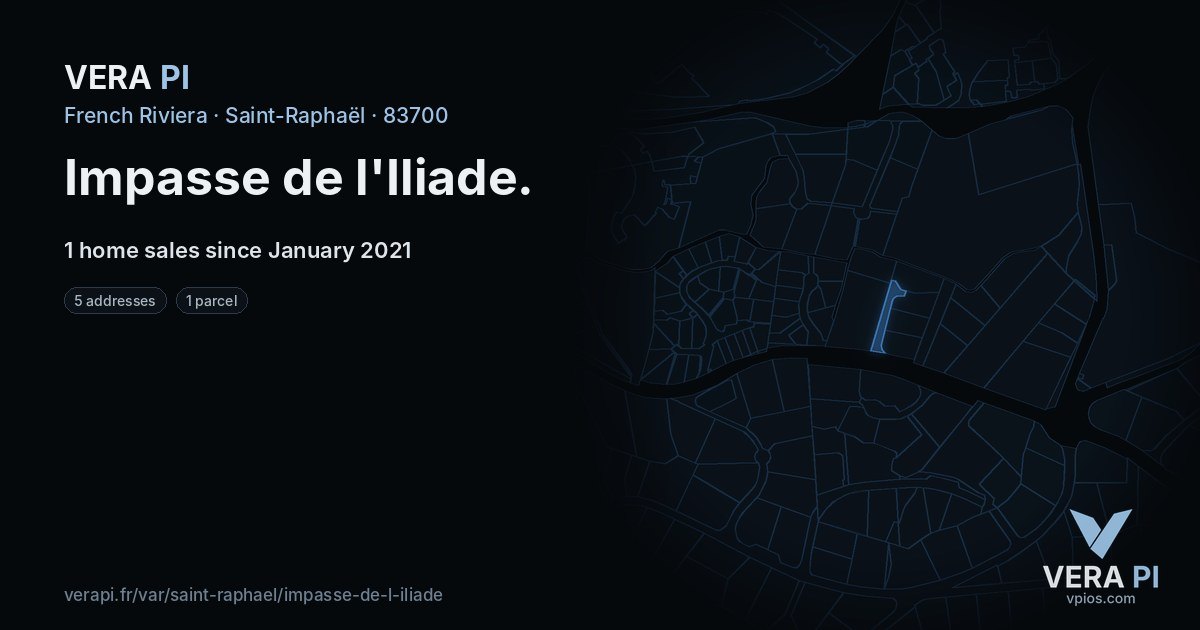 Impasse de l'Iliade, Saint-Raphaël at night – every parcel coloured by the prices around it, the street's own parcels lit
