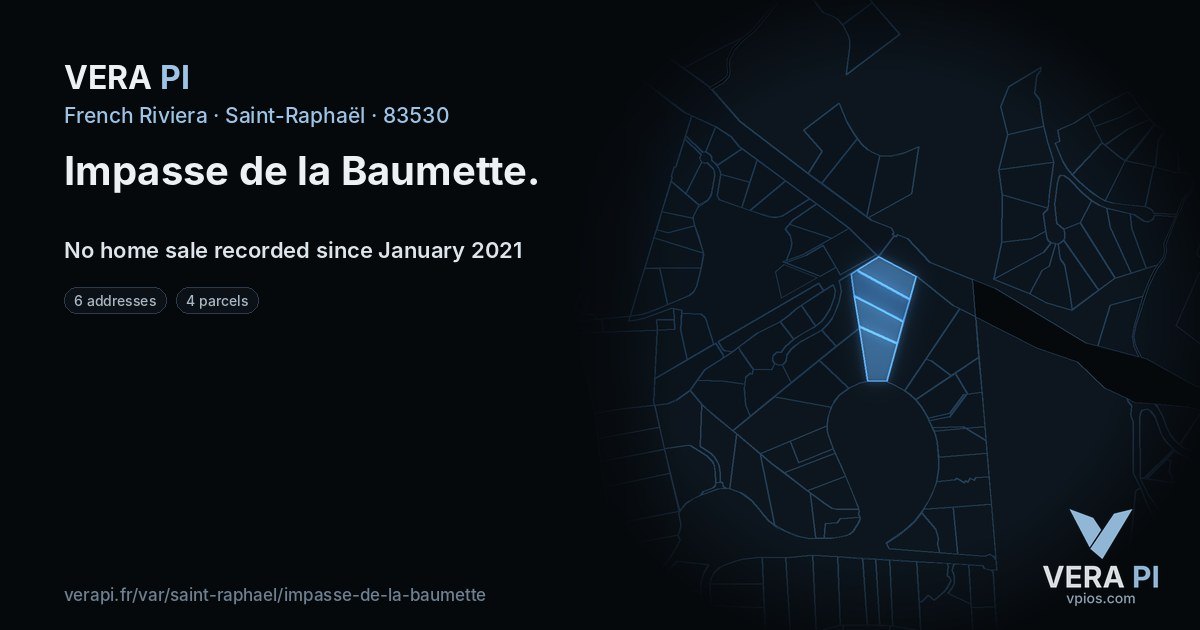 Impasse de la Baumette, Saint-Raphaël at night – every parcel coloured by the prices around it, the street's own parcels lit
