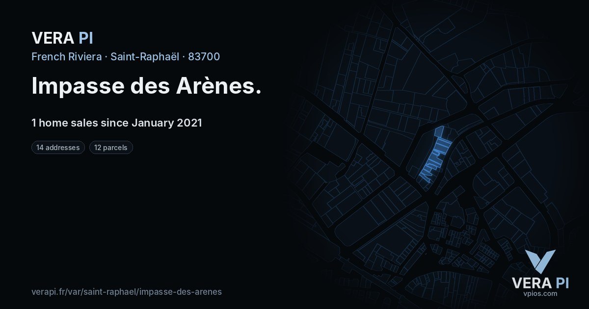 Impasse des Arènes, Saint-Raphaël at night – every parcel coloured by the prices around it, the street's own parcels lit