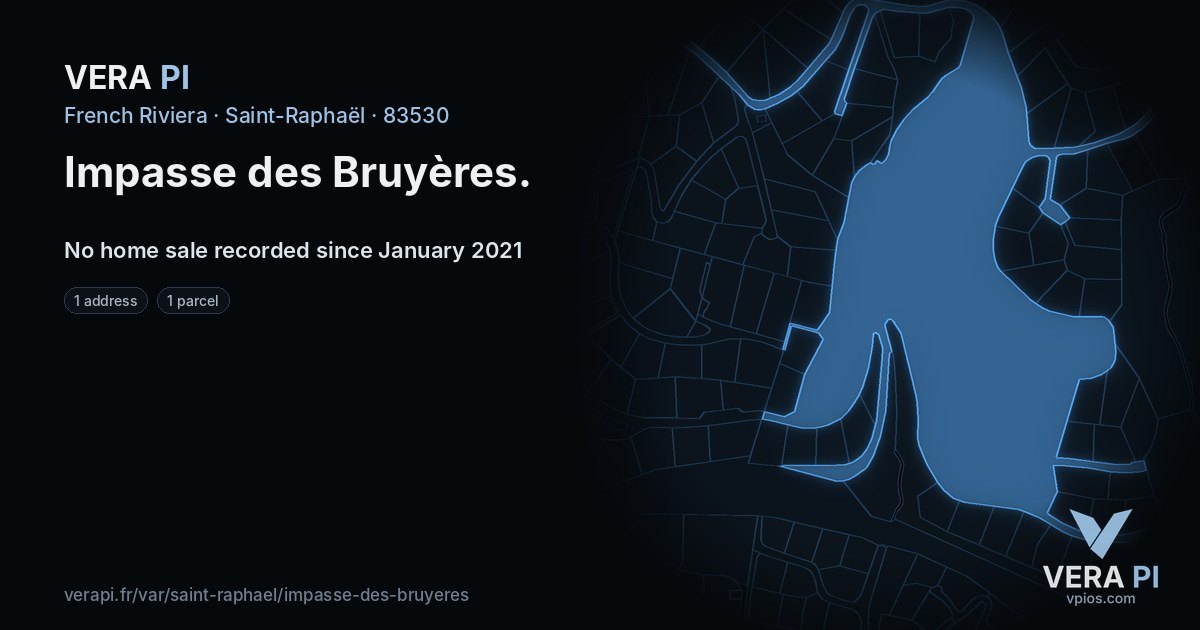 Impasse des Bruyères, Saint-Raphaël at night – every parcel coloured by the prices around it, the street's own parcels lit