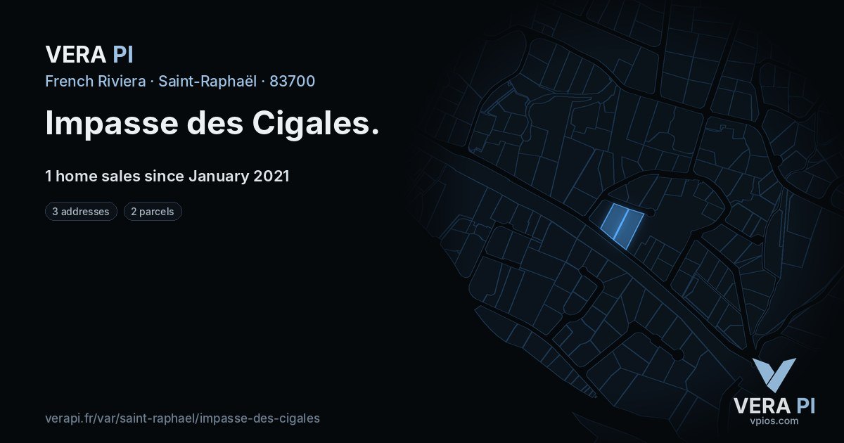 Impasse des Cigales, Saint-Raphaël at night – every parcel coloured by the prices around it, the street's own parcels lit