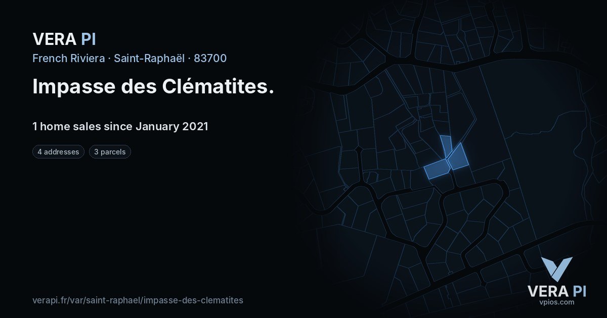 Impasse des Clématites, Saint-Raphaël at night – every parcel coloured by the prices around it, the street's own parcels lit
