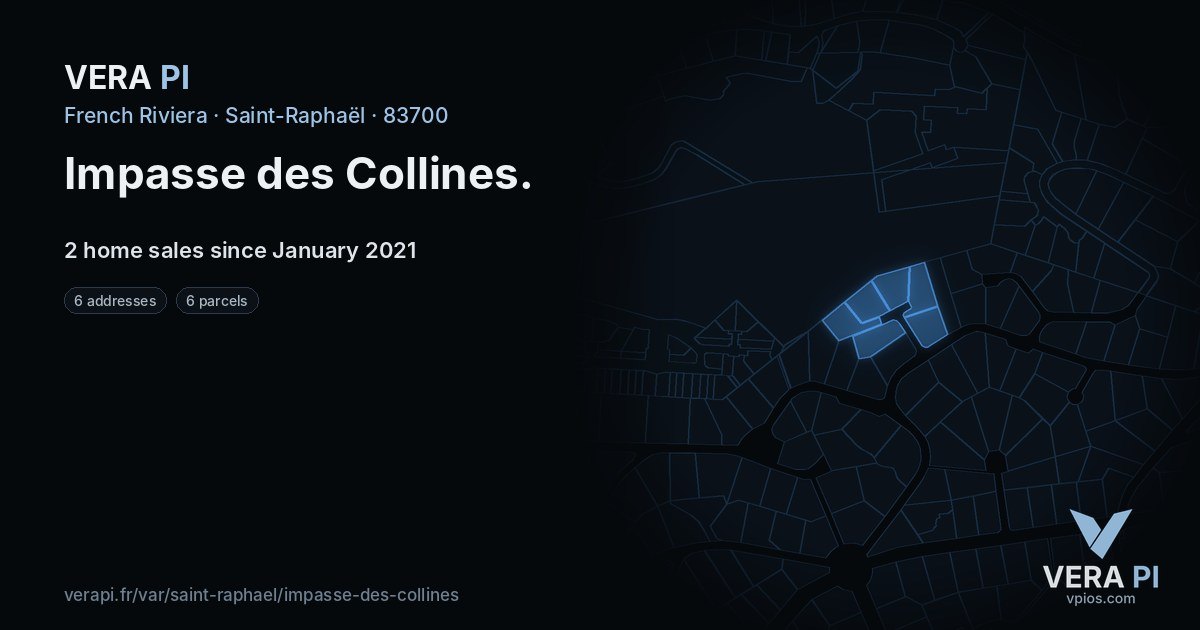 Impasse des Collines, Saint-Raphaël at night – every parcel coloured by the prices around it, the street's own parcels lit