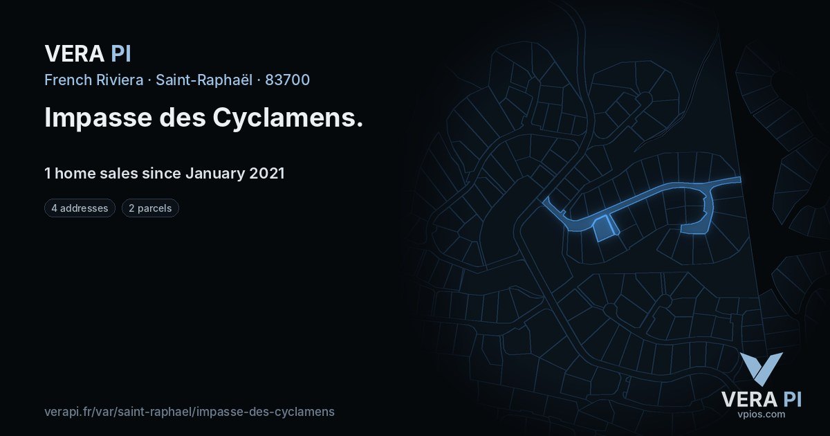 Impasse des Cyclamens, Saint-Raphaël at night – every parcel coloured by the prices around it, the street's own parcels lit
