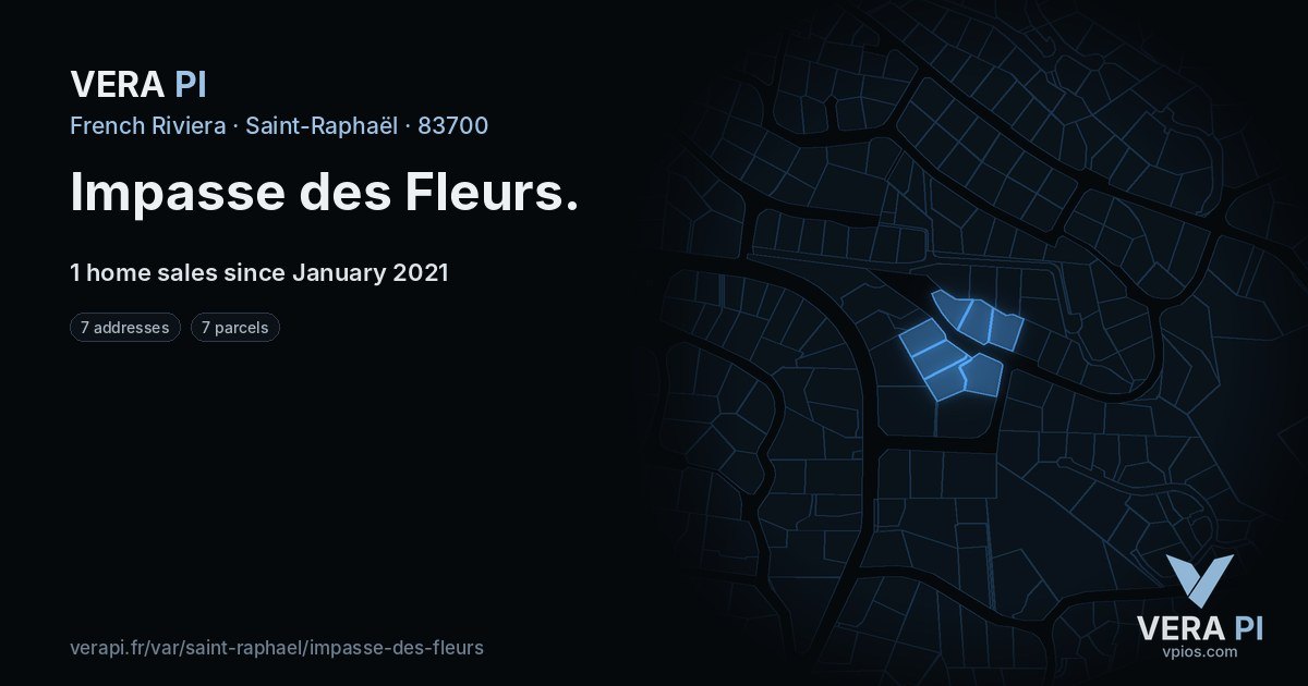 Impasse des Fleurs, Saint-Raphaël at night – every parcel coloured by the prices around it, the street's own parcels lit