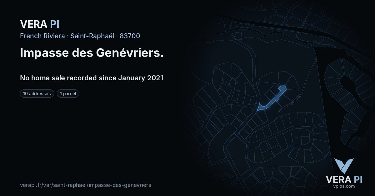 Impasse des Genévriers, Saint-Raphaël at night – every parcel coloured by the prices around it, the street's own parcels lit