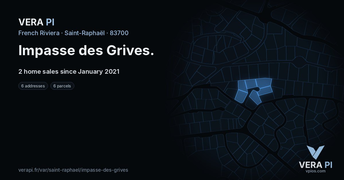 Impasse des Grives, Saint-Raphaël at night – every parcel coloured by the prices around it, the street's own parcels lit