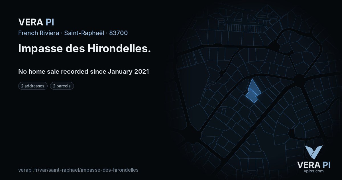 Impasse des Hirondelles, Saint-Raphaël at night – every parcel coloured by the prices around it, the street's own parcels lit