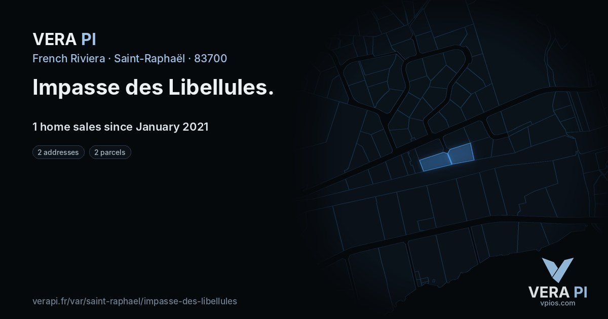 Impasse des Libellules, Saint-Raphaël at night – every parcel coloured by the prices around it, the street's own parcels lit