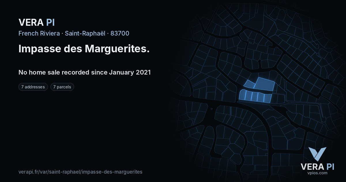 Impasse des Marguerites, Saint-Raphaël at night – every parcel coloured by the prices around it, the street's own parcels lit