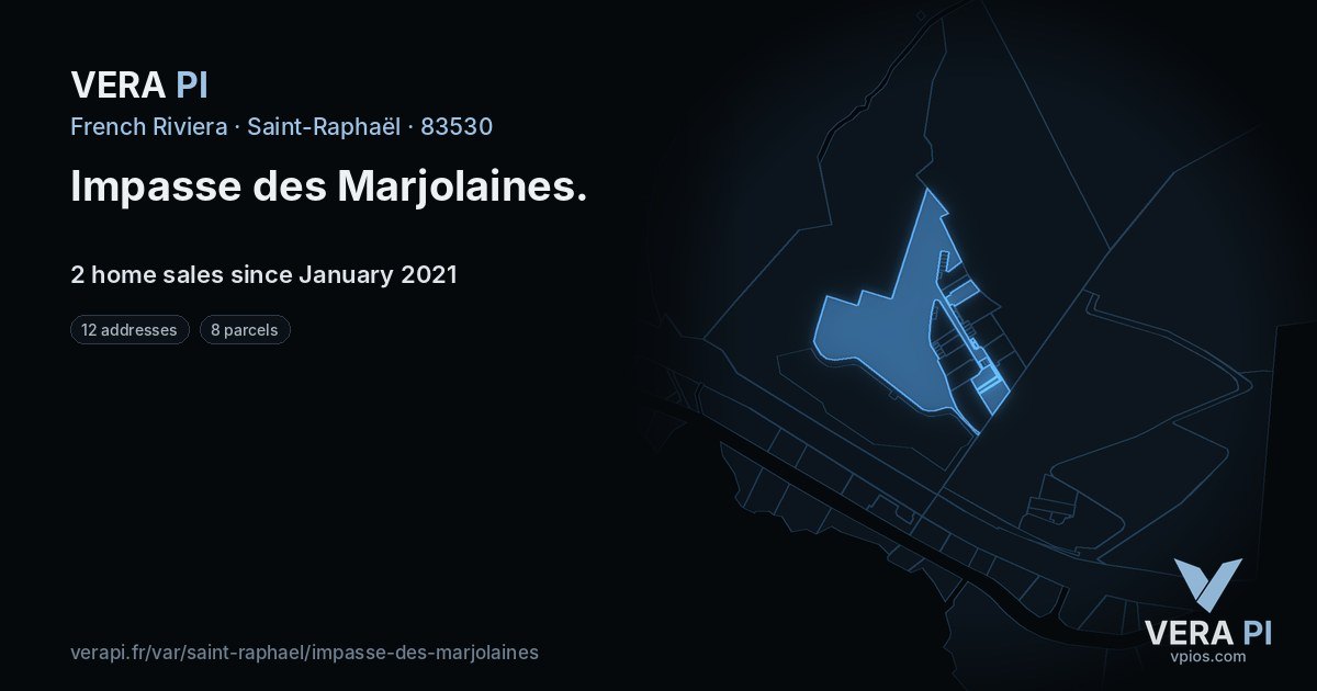 Impasse des Marjolaines, Saint-Raphaël at night – every parcel coloured by the prices around it, the street's own parcels lit