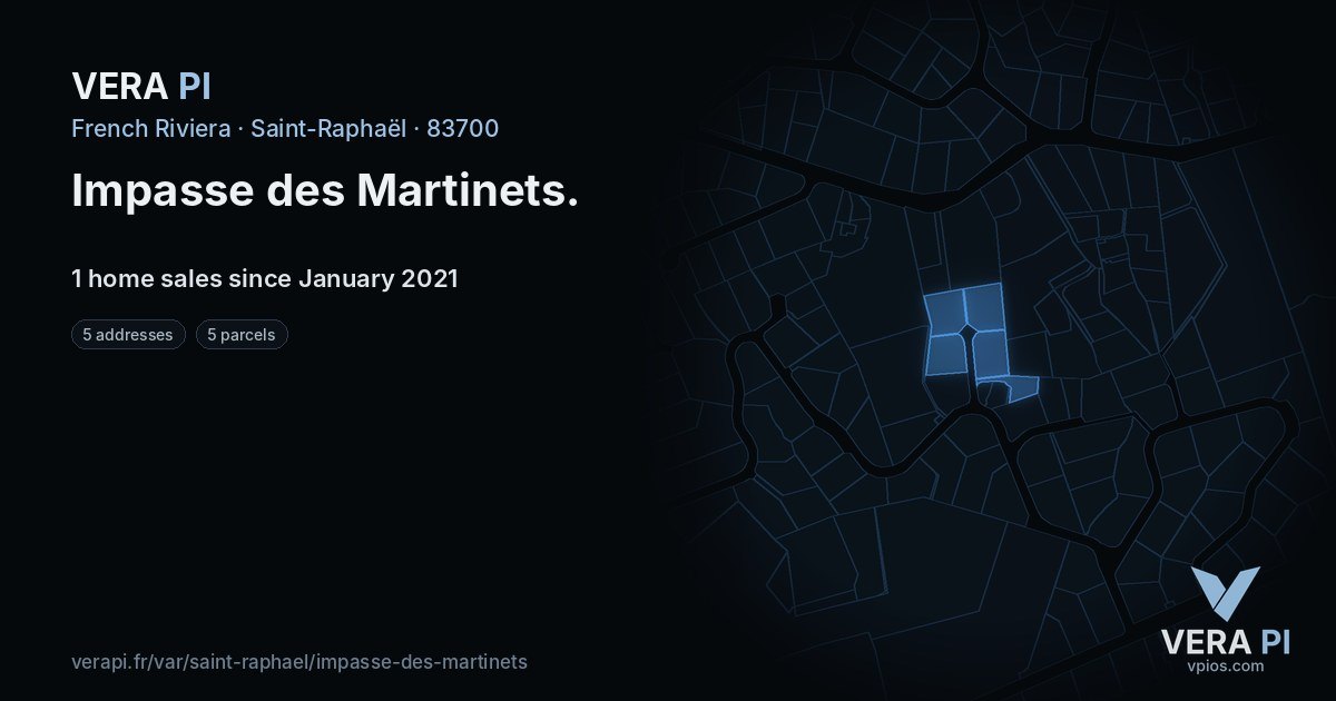 Impasse des Martinets, Saint-Raphaël at night – every parcel coloured by the prices around it, the street's own parcels lit