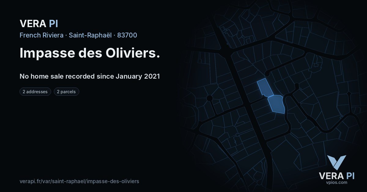 Impasse des Oliviers, Saint-Raphaël at night – every parcel coloured by the prices around it, the street's own parcels lit