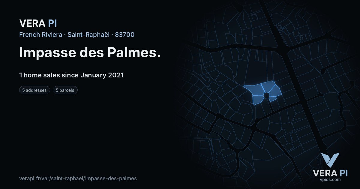 Impasse des Palmes, Saint-Raphaël at night – every parcel coloured by the prices around it, the street's own parcels lit
