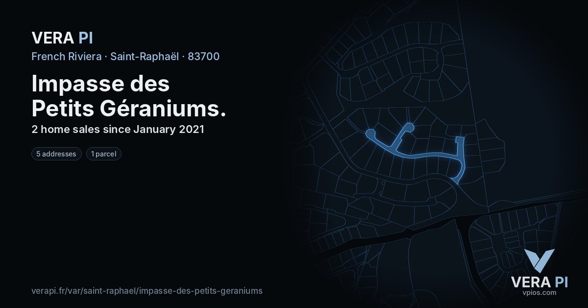 Impasse des Petits Géraniums, Saint-Raphaël at night – every parcel coloured by the prices around it, the street's own parcels lit