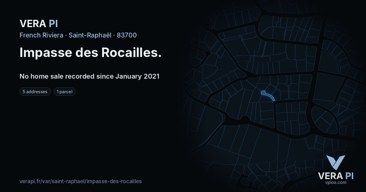 Impasse des Rocailles, Saint-Raphaël at night – every parcel coloured by the prices around it, the street's own parcels lit