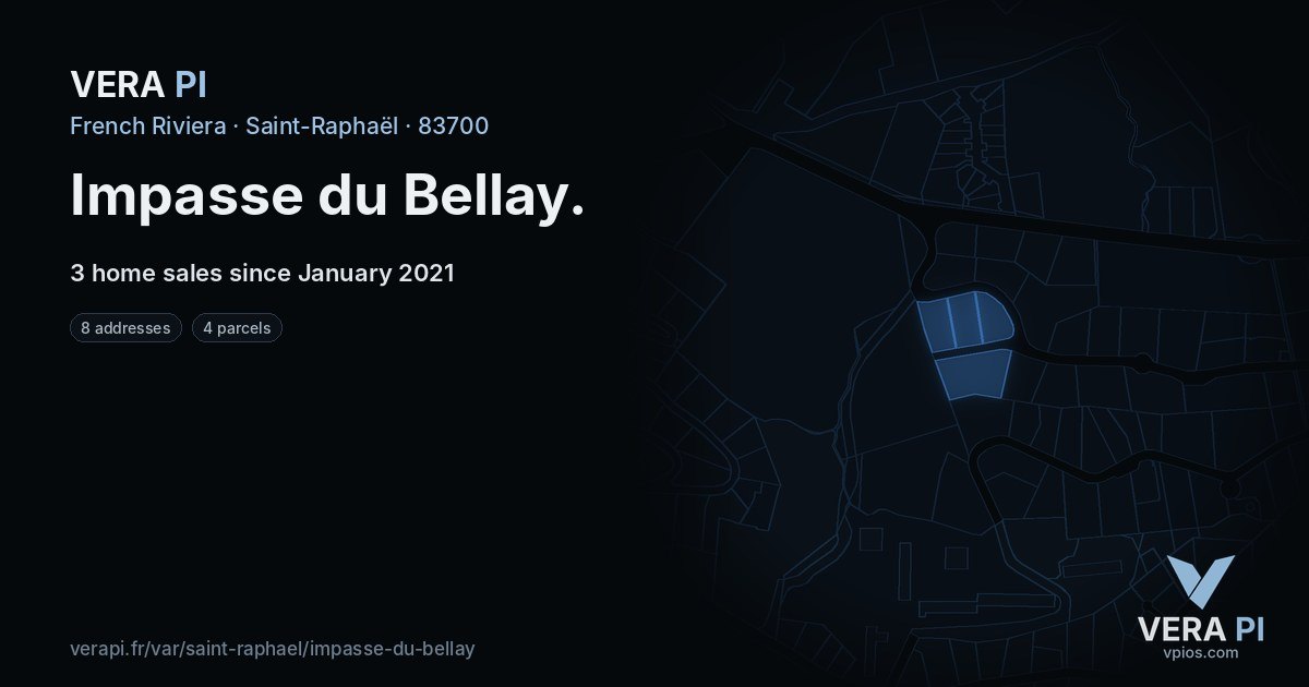 Impasse du Bellay, Saint-Raphaël at night – every parcel coloured by the prices around it, the street's own parcels lit