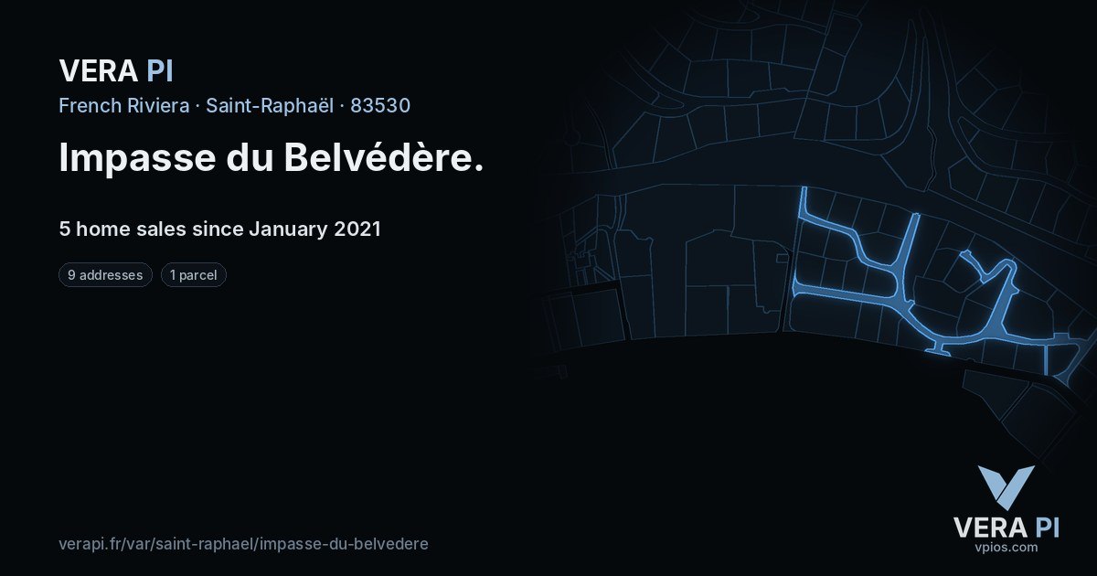 Impasse du Belvédère, Saint-Raphaël at night – every parcel coloured by the prices around it, the street's own parcels lit