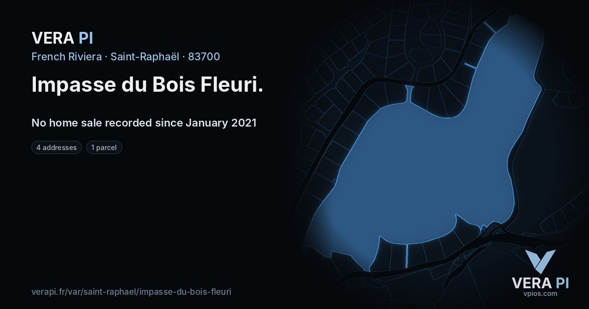 Impasse du Bois Fleuri, Saint-Raphaël at night – every parcel coloured by the prices around it, the street's own parcels lit