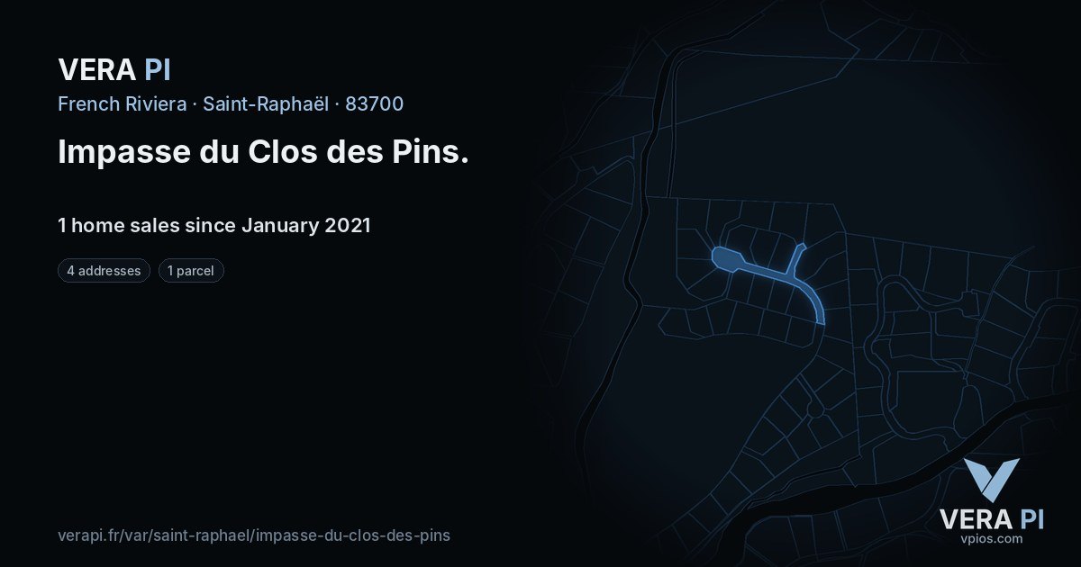 Impasse du Clos des Pins, Saint-Raphaël at night – every parcel coloured by the prices around it, the street's own parcels lit