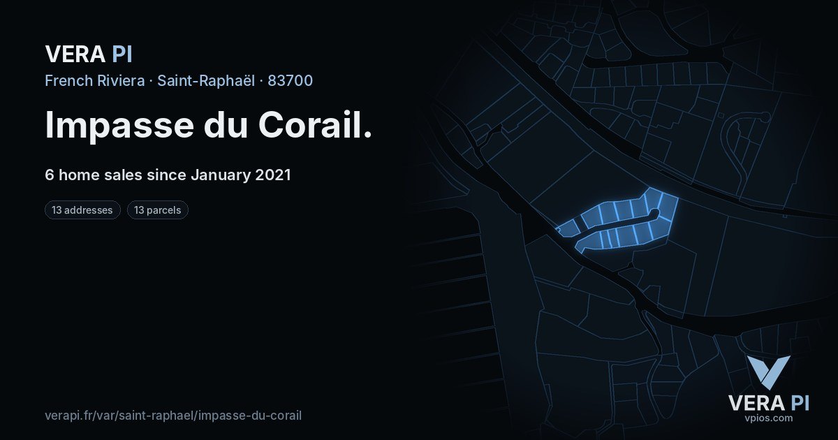 Impasse du Corail, Saint-Raphaël at night – every parcel coloured by the prices around it, the street's own parcels lit