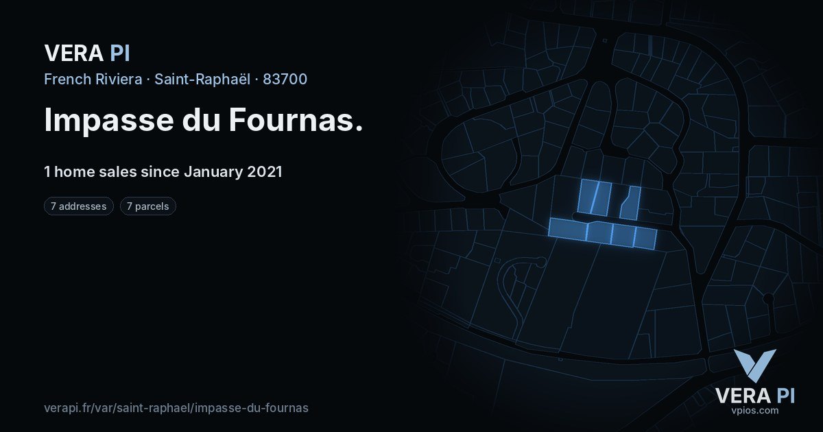 Impasse du Fournas, Saint-Raphaël at night – every parcel coloured by the prices around it, the street's own parcels lit