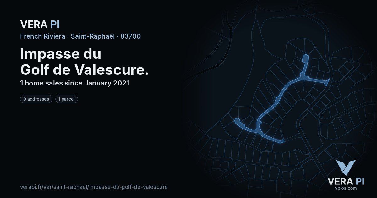Impasse du Golf de Valescure, Saint-Raphaël at night – every parcel coloured by the prices around it, the street's own parcels lit
