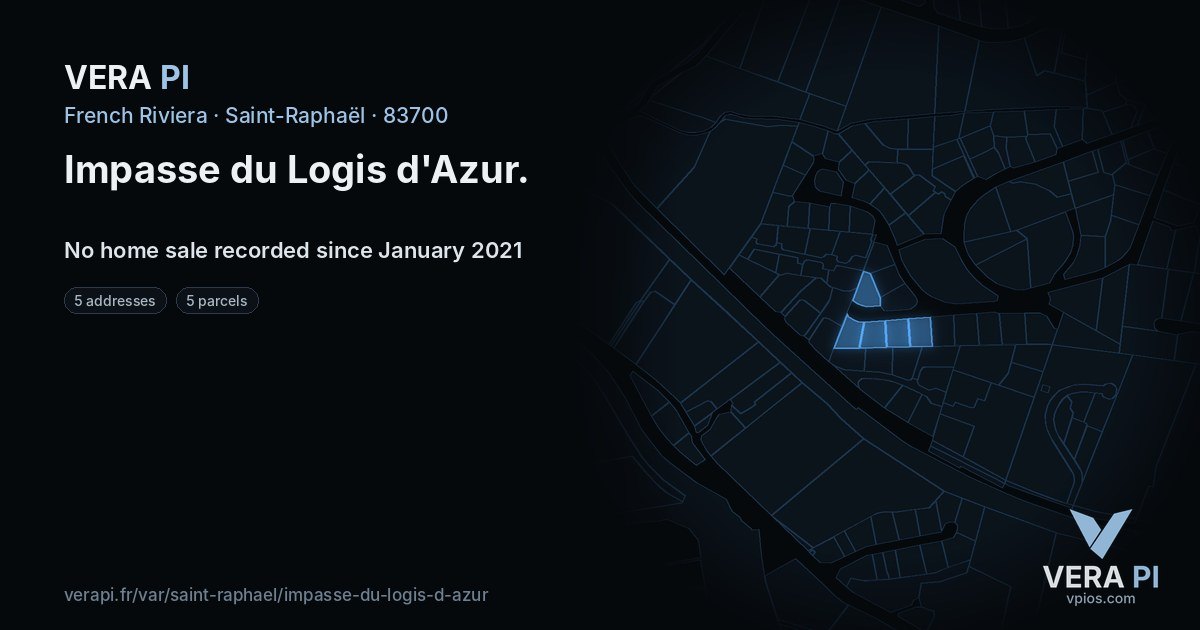 Impasse du Logis d'Azur, Saint-Raphaël at night – every parcel coloured by the prices around it, the street's own parcels lit
