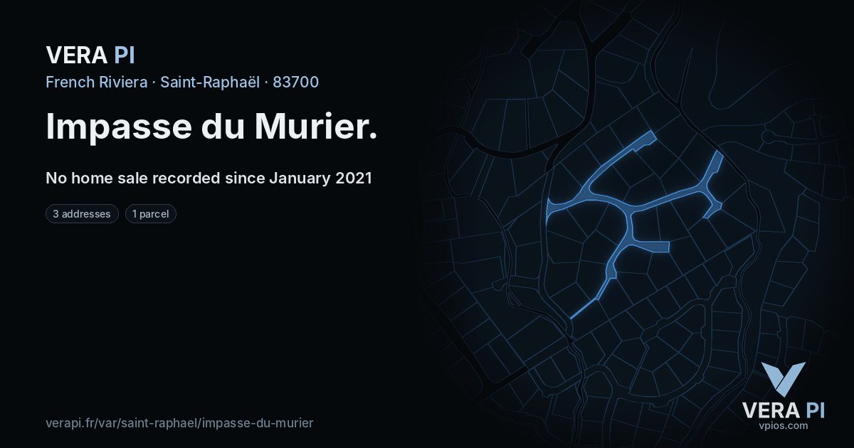 Impasse du Murier, Saint-Raphaël at night – every parcel coloured by the prices around it, the street's own parcels lit