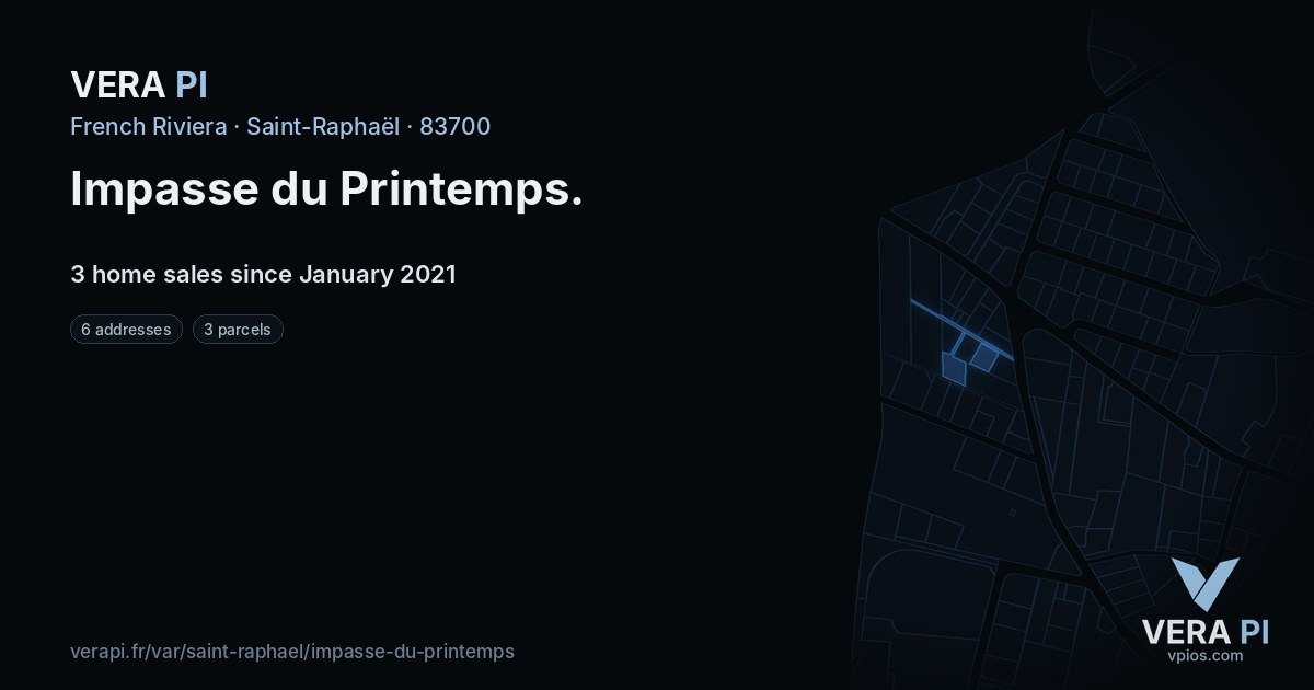Impasse du Printemps, Saint-Raphaël at night – every parcel coloured by the prices around it, the street's own parcels lit