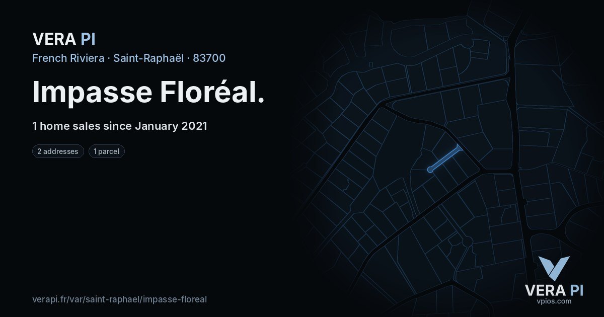 Impasse Floréal, Saint-Raphaël at night – every parcel coloured by the prices around it, the street's own parcels lit