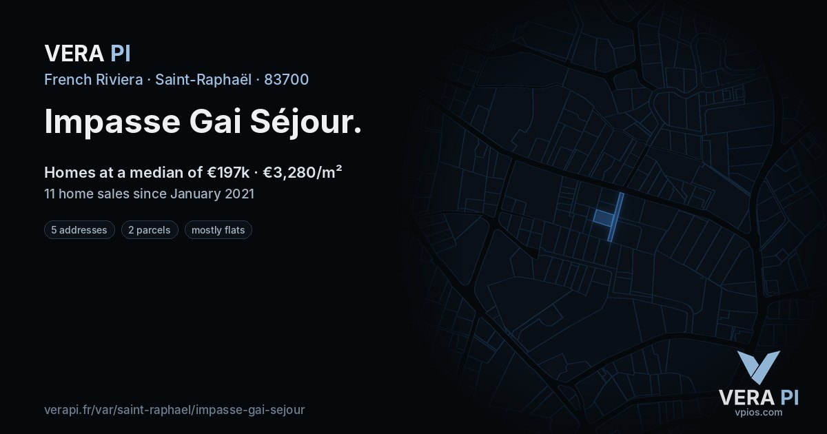 Impasse Gai Séjour, Saint-Raphaël at night – every parcel coloured by the prices around it, the street's own parcels lit