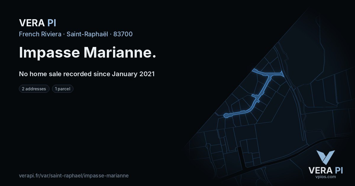 Impasse Marianne, Saint-Raphaël at night – every parcel coloured by the prices around it, the street's own parcels lit