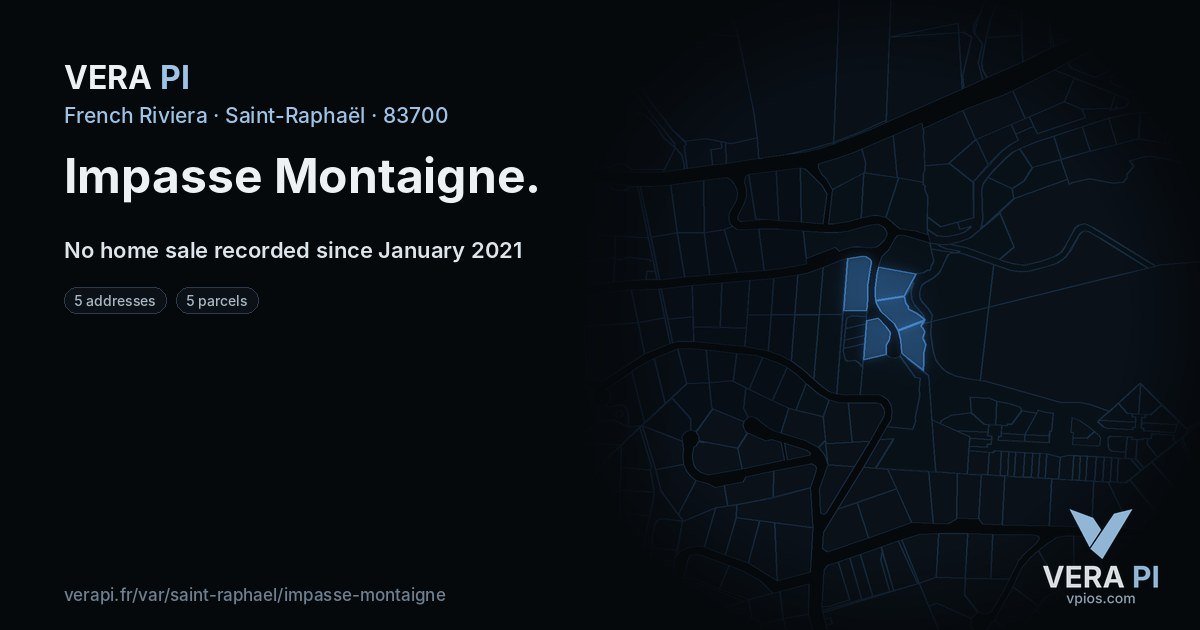 Impasse Montaigne, Saint-Raphaël at night – every parcel coloured by the prices around it, the street's own parcels lit