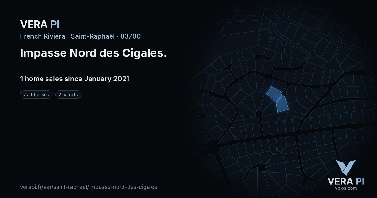 Impasse Nord des Cigales, Saint-Raphaël at night – every parcel coloured by the prices around it, the street's own parcels lit