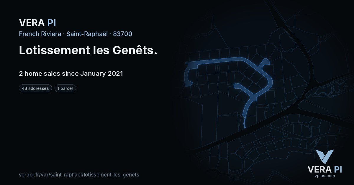 Lotissement les Genêts, Saint-Raphaël at night – every parcel coloured by the prices around it, the street's own parcels lit