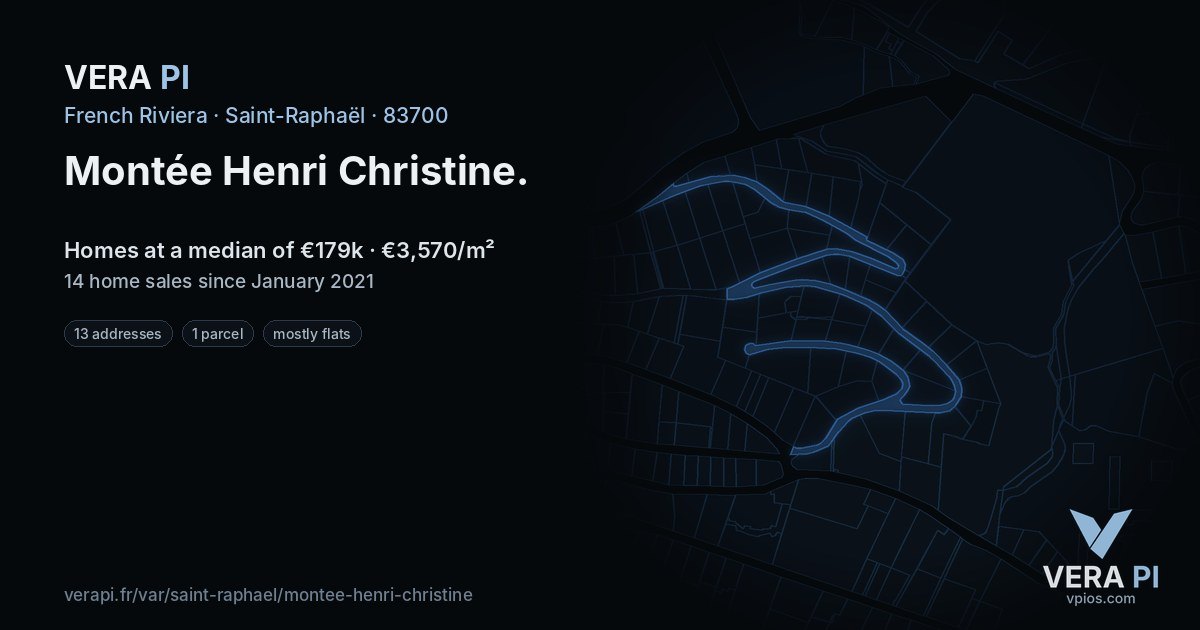 Montée Henri Christine, Saint-Raphaël at night – every parcel coloured by the prices around it, the street's own parcels lit