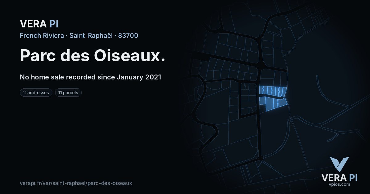 Parc des Oiseaux, Saint-Raphaël at night – every parcel coloured by the prices around it, the street's own parcels lit