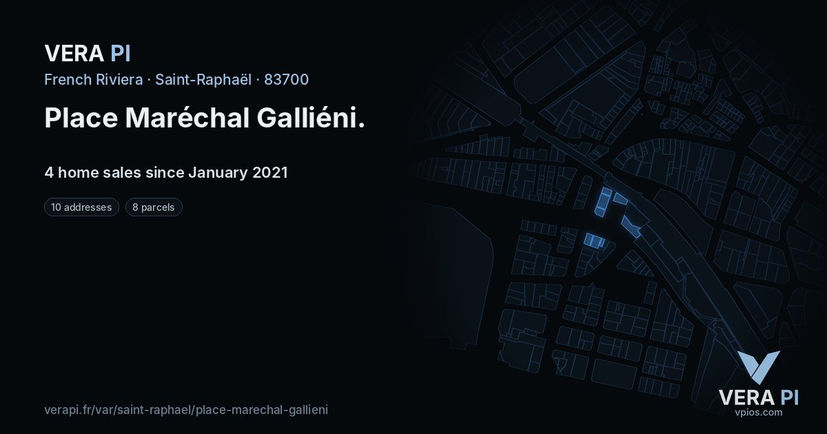 Place Maréchal Galliéni, Saint-Raphaël at night – every parcel coloured by the prices around it, the street's own parcels lit