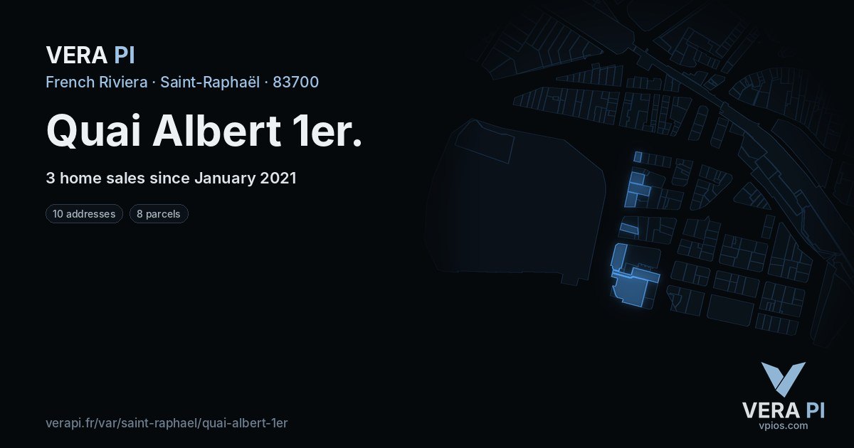 Quai Albert 1er, Saint-Raphaël at night – every parcel coloured by the prices around it, the street's own parcels lit