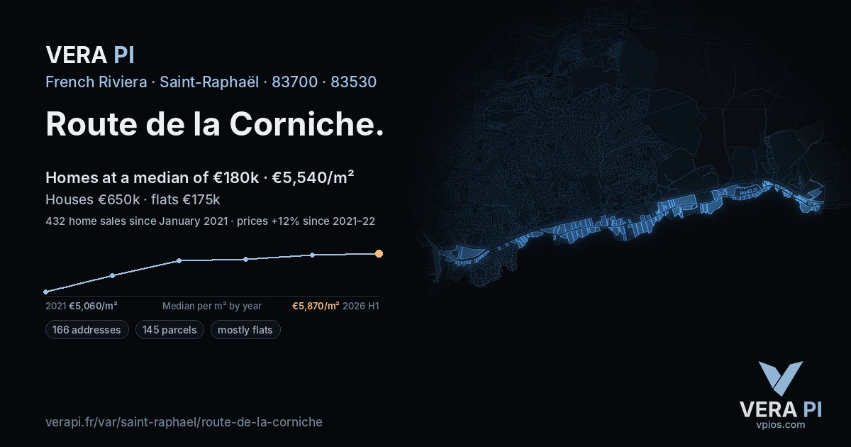 Route de la Corniche, Saint-Raphaël at night – every parcel coloured by the prices around it, the street's own parcels lit