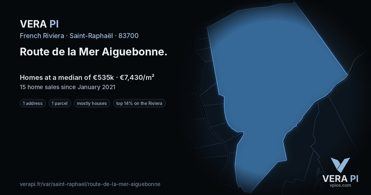 Route de la Mer Aiguebonne, Saint-Raphaël at night – every parcel coloured by the prices around it, the street's own parcels lit