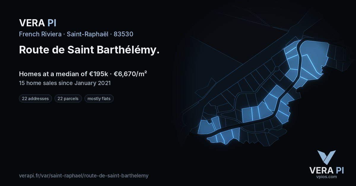 Route de Saint Barthélémy, Saint-Raphaël at night – every parcel coloured by the prices around it, the street's own parcels lit