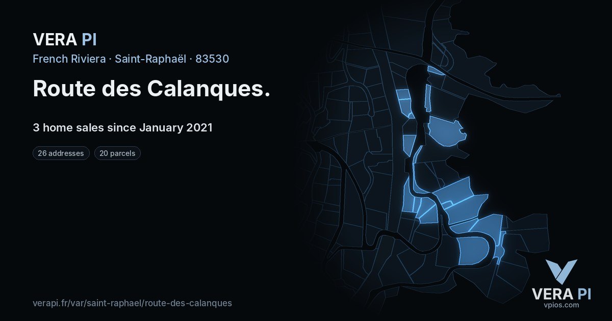 Route des Calanques, Saint-Raphaël at night – every parcel coloured by the prices around it, the street's own parcels lit