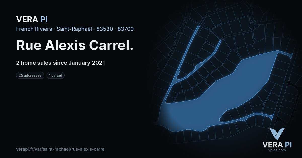 Rue Alexis Carrel, Saint-Raphaël at night – every parcel coloured by the prices around it, the street's own parcels lit