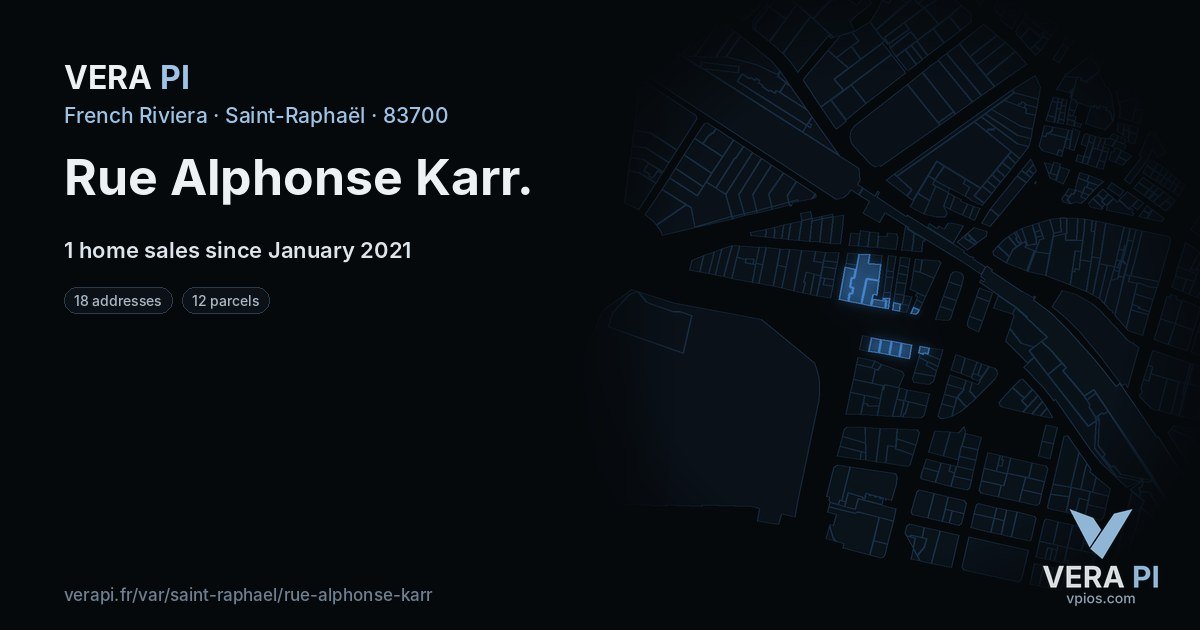 Rue Alphonse Karr, Saint-Raphaël at night – every parcel coloured by the prices around it, the street's own parcels lit