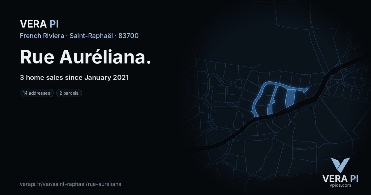 Rue Auréliana, Saint-Raphaël at night – every parcel coloured by the prices around it, the street's own parcels lit