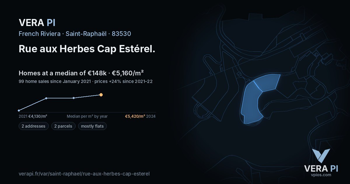 Rue aux Herbes Cap Estérel, Saint-Raphaël at night – every parcel coloured by the prices around it, the street's own parcels lit