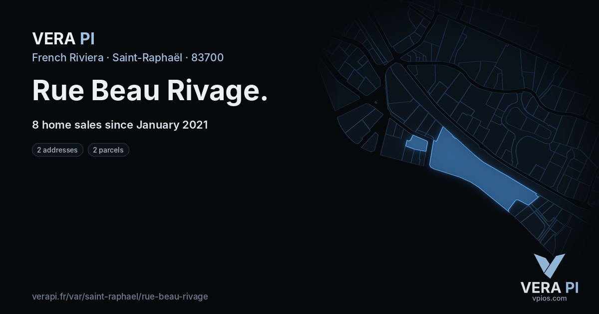 Rue Beau Rivage, Saint-Raphaël at night – every parcel coloured by the prices around it, the street's own parcels lit