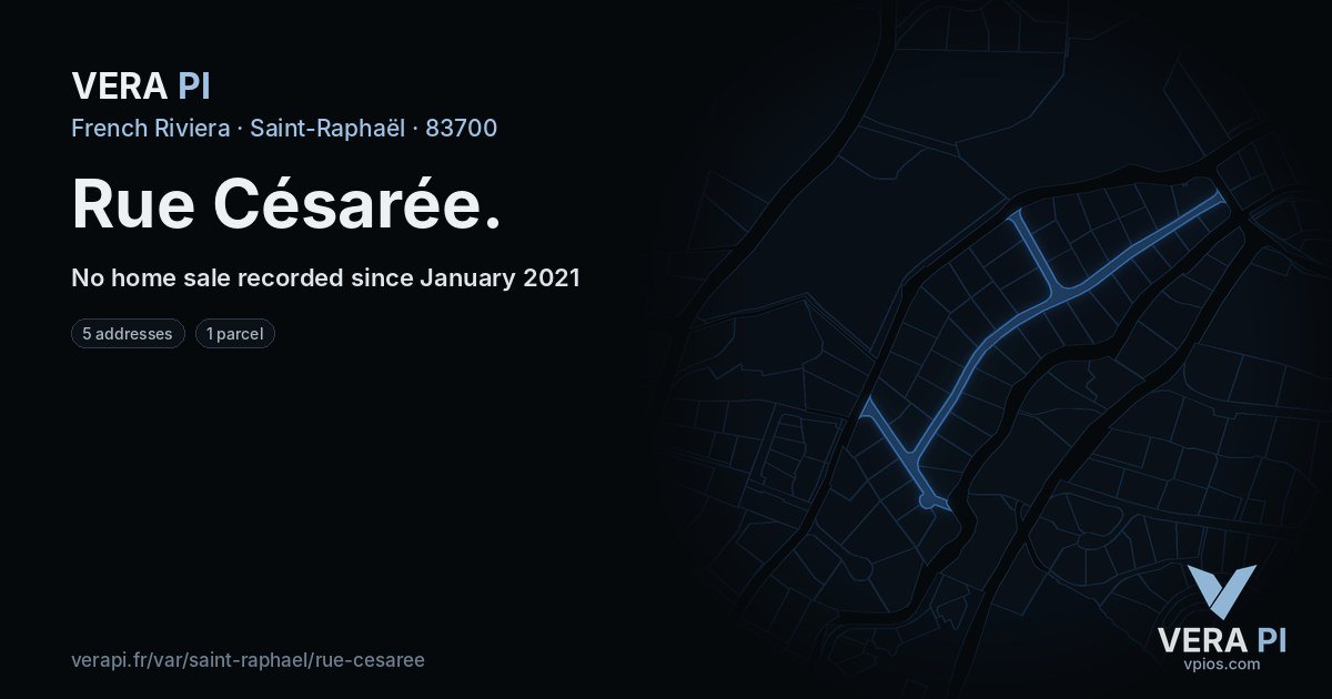 Rue Césarée, Saint-Raphaël at night – every parcel coloured by the prices around it, the street's own parcels lit